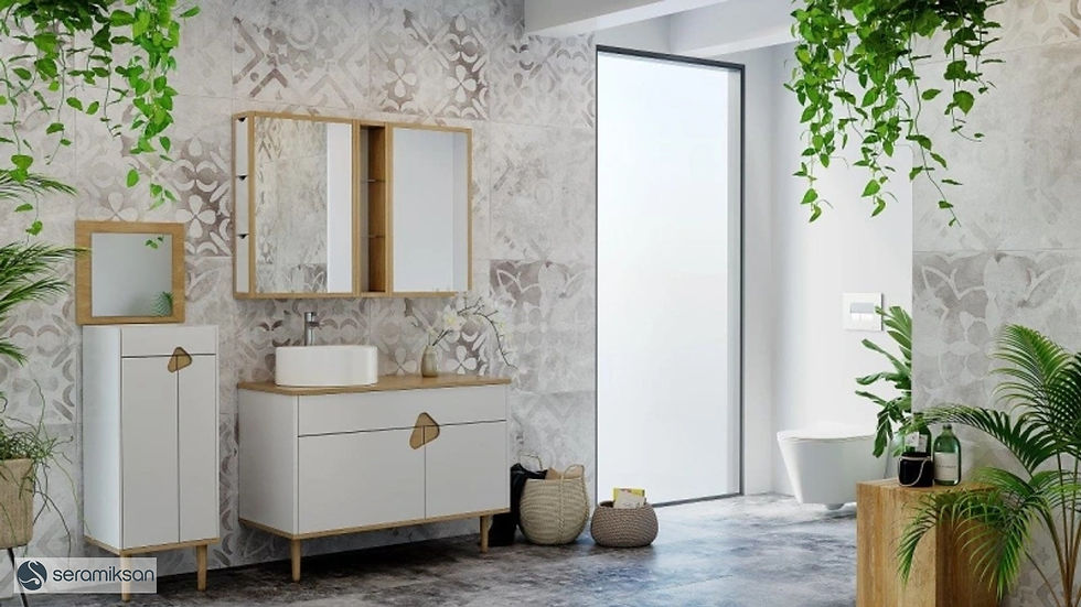 Salle de bain lumineuse, meuble vasque blanc, carrelage relief