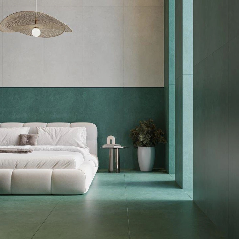Chambre moderne avec sol et mur accent vert canard