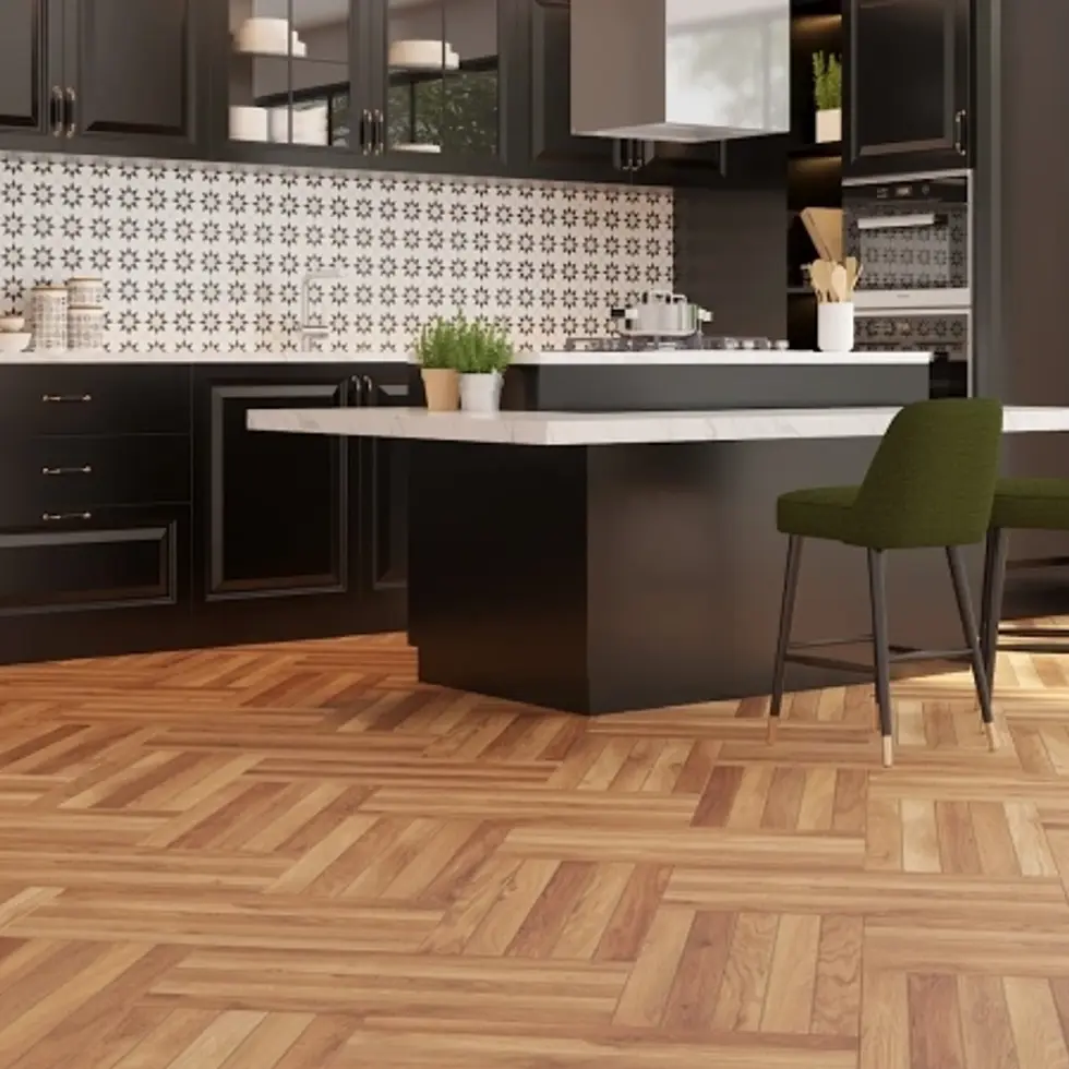 Cuisine avec parquet en bois à chevrons