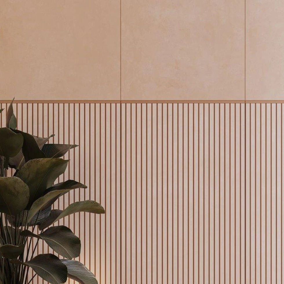 Mur avec panneaux décoratifs et plante verte.