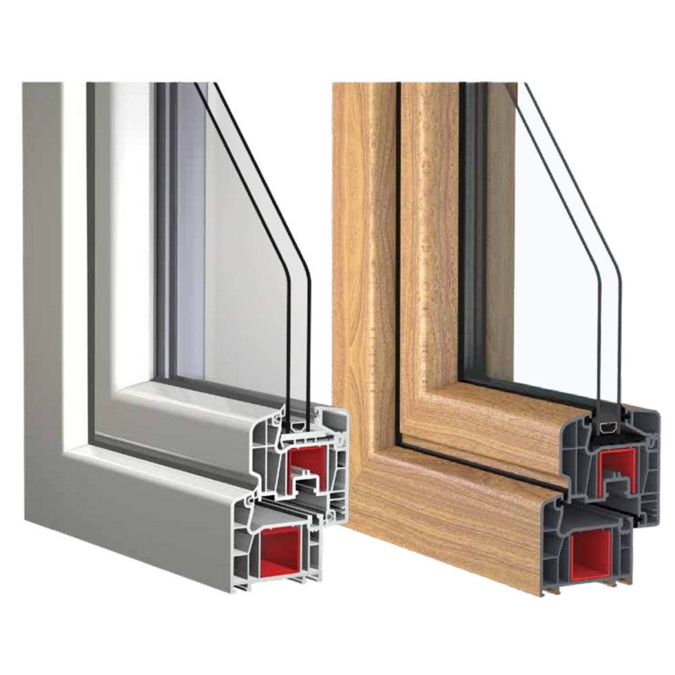 Profilés de fenêtre KLASLINE 70 mm Plus, gris et bois.