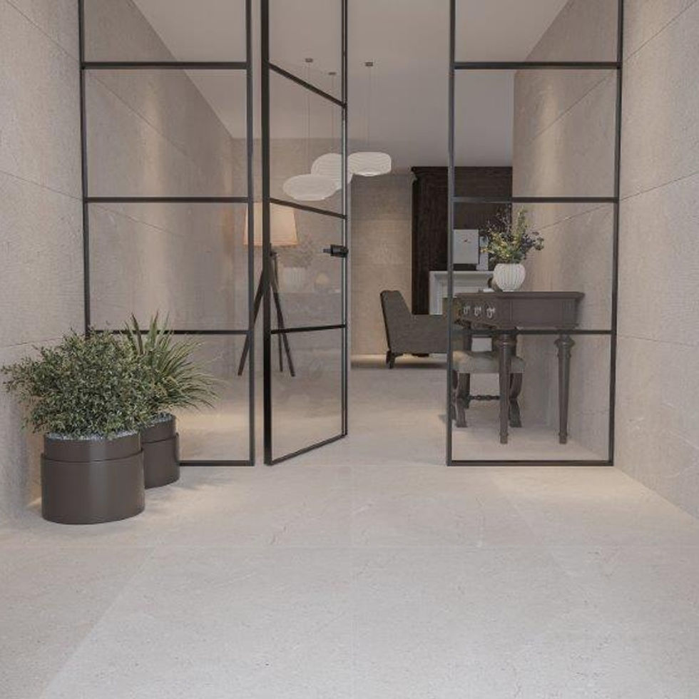 Couloir moderne, sol clair, portes vitrées, plante