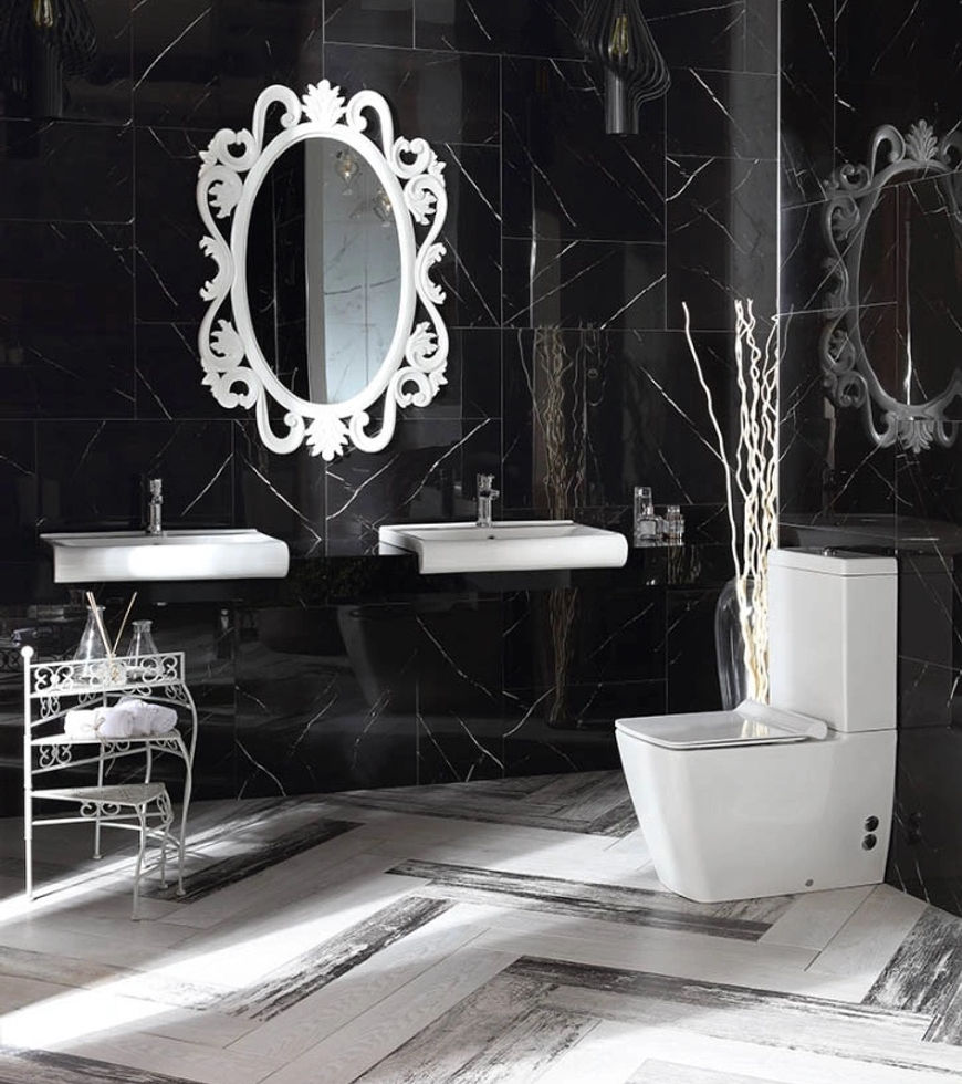 Salle de bain élégante noir et blanc avec toilettes blanches