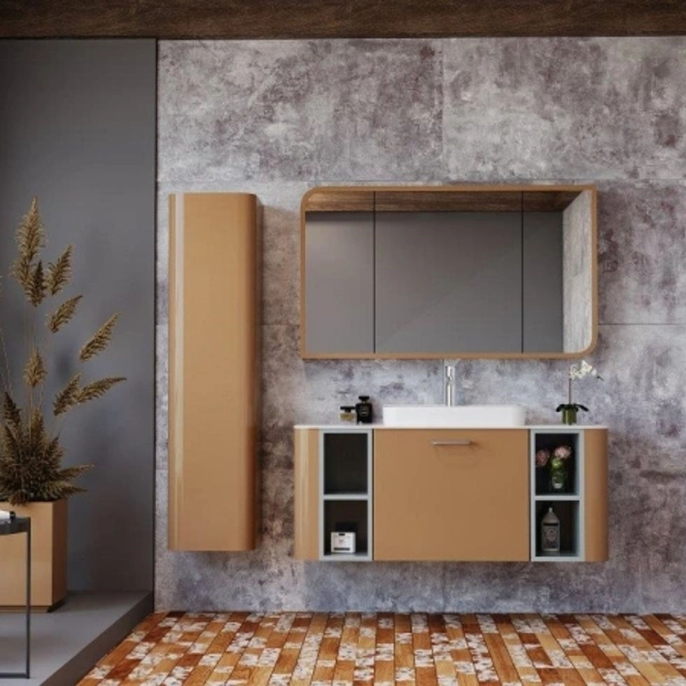 Salle de bain moderne avec vanité en bois et murs texturés