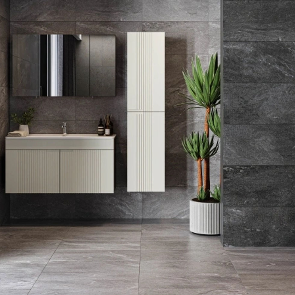 Salle de bain moderne, carrelage gris, meuble-lavabo