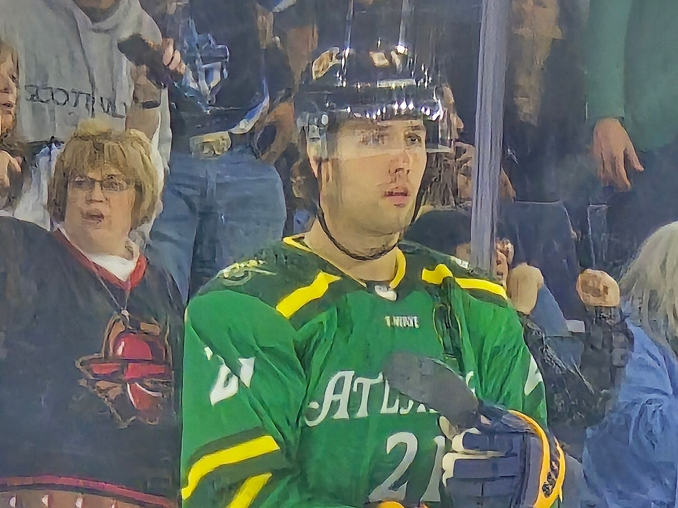 Atlanta Gladiators Adam Eisele after scoring a game-tying goal early in second period of Friday's night action against Greenville. 