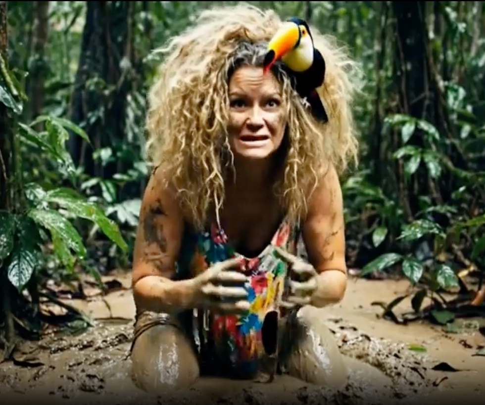 A humorous, high-energy commercial still featuring a woman with wild, voluminous blonde hair sitting knee-deep in a thick mud pit within a dense tropical jungle. She has a shocked, wide-eyed expression with mud smeared across her face and arms. A colorful toucan is perched comically on top of her head. She is wearing a vibrant, multicolored floral swimsuit that is heavily splattered with mud, perfectly capturing the "Mud Happens" brand aesthetic.