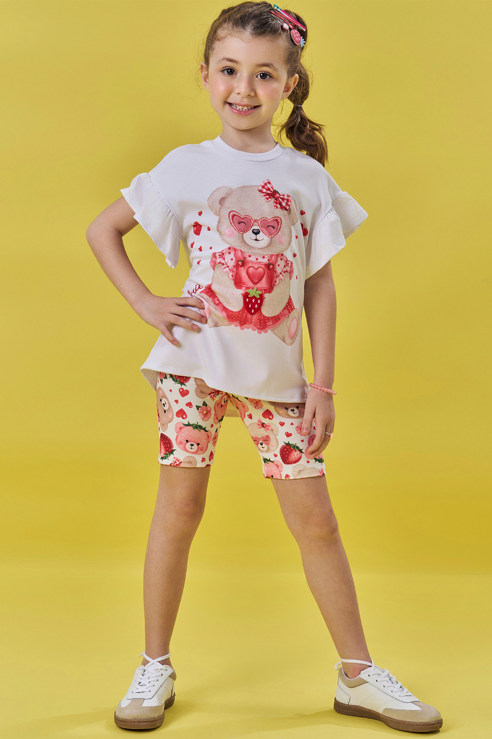 Conjunto ursinha e morango blusa alongada e short ciclista 