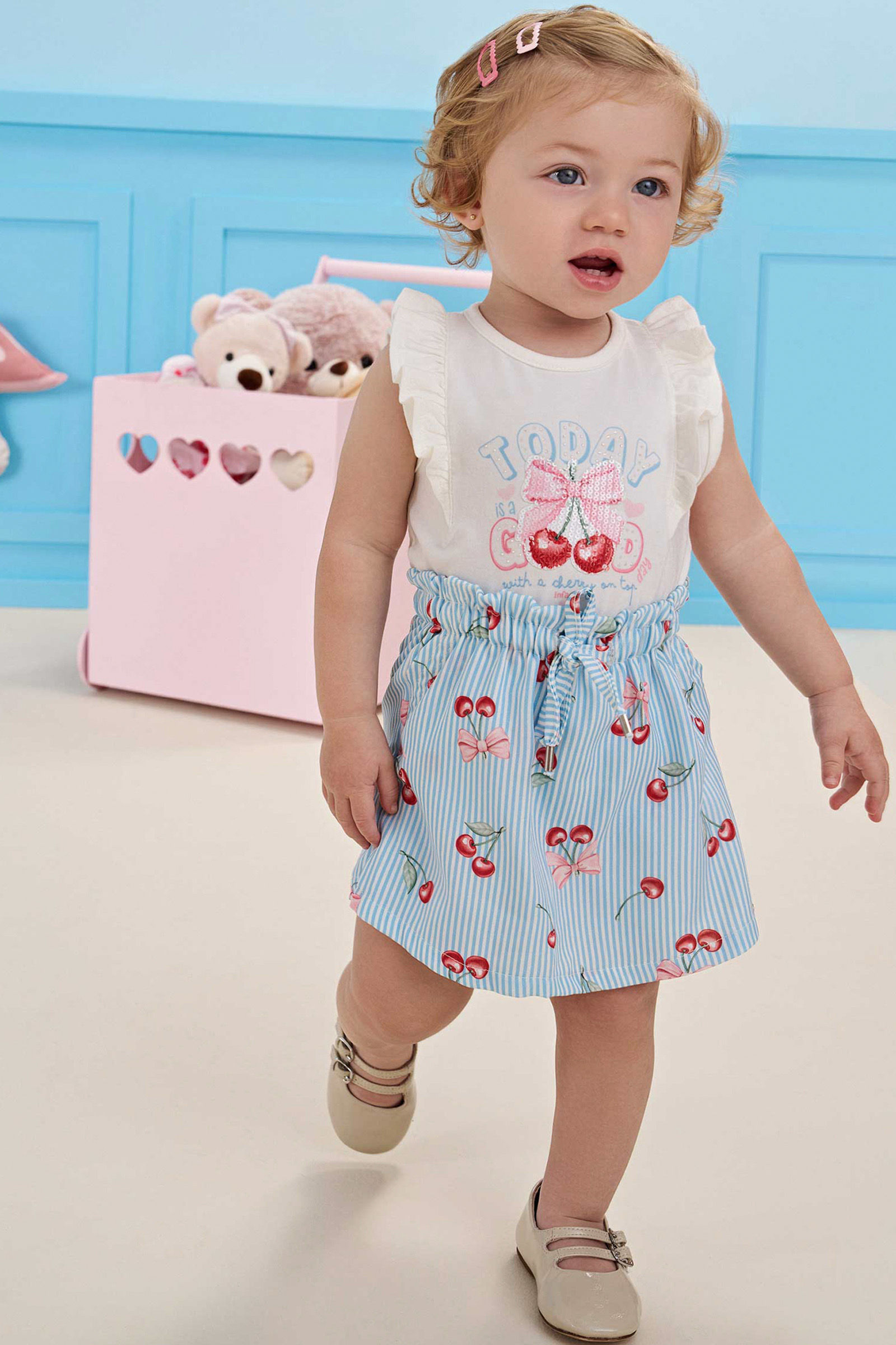 Conjunto cerejinha body em cotton e short saia