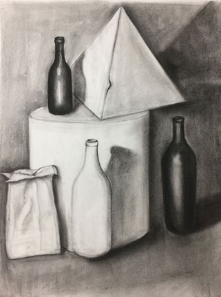 Charcoal still life of bottles and a paper bag