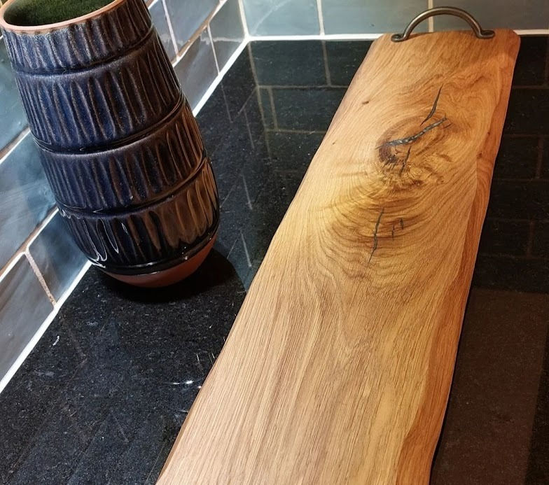Thumbnail: Long oak charcuterie board with silver inlay and handles