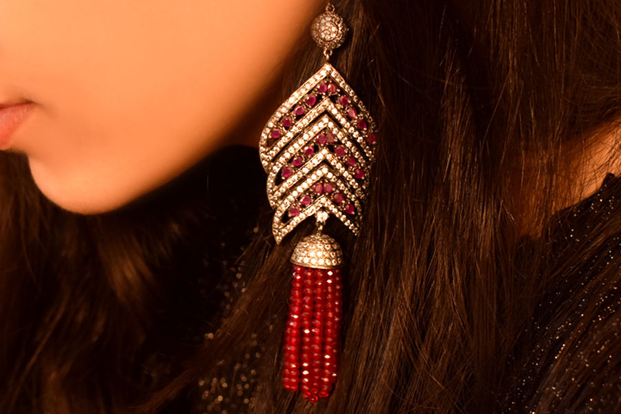 Graceful Indo Western Antique CZ Danglers in White and Red stones