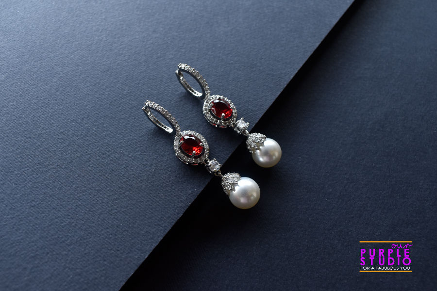 AD Hoop with Red CZ Stud and White Pearl Drop