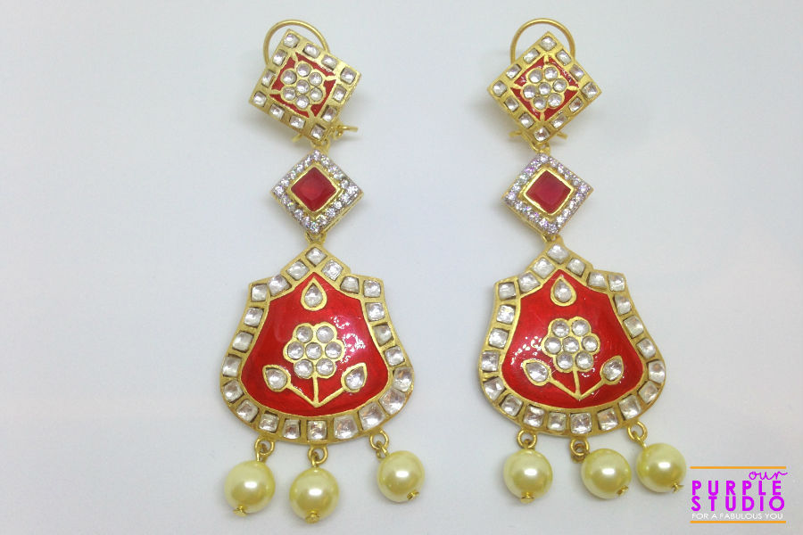 Beautiful Bridal Long Red Earrings in Kundan