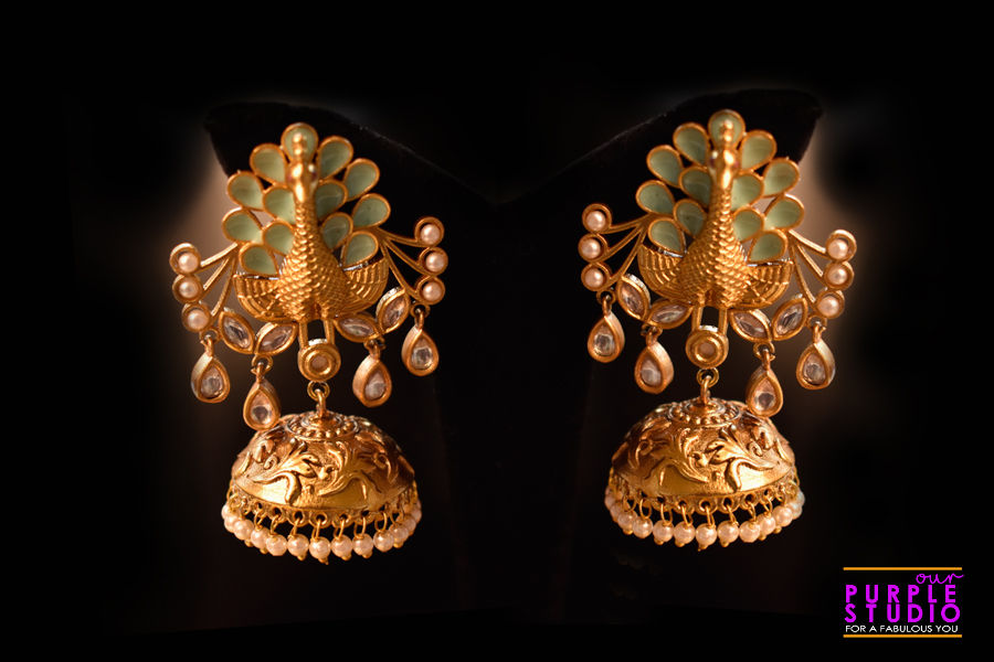 Exquisite Golden Peacock Jhumka in Green Semi Precious Stone