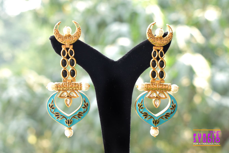 Blue Enamel Painted Earring in Golden and Black