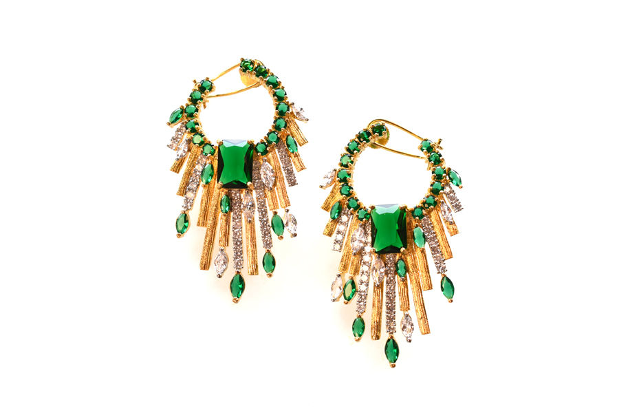 Gorgeous AD Chandelier Earrings with Green and Golden Semi Precious Stones