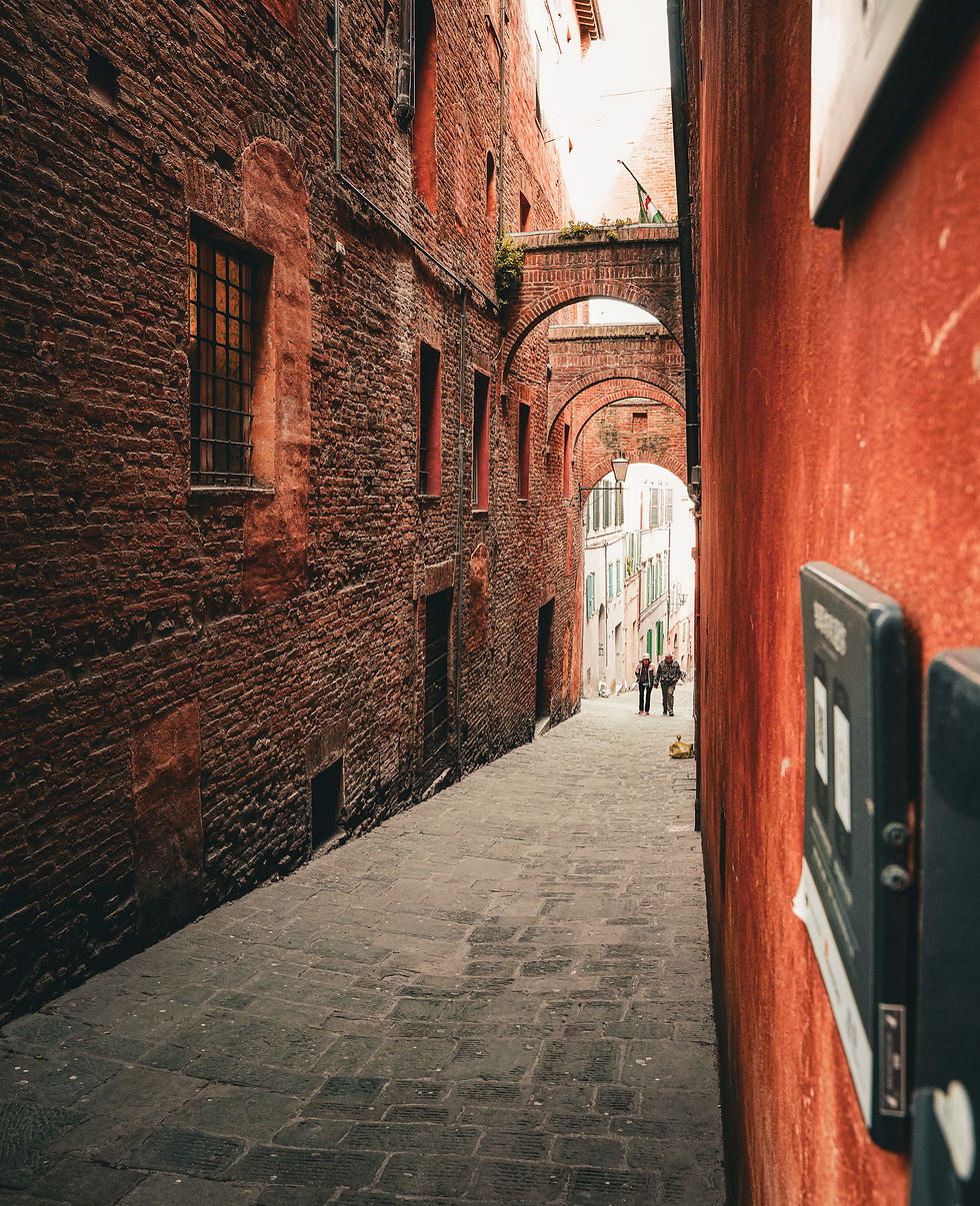 A Sienese alley with a bridge arch connecting buildings above — two figures at the far end give the scale.