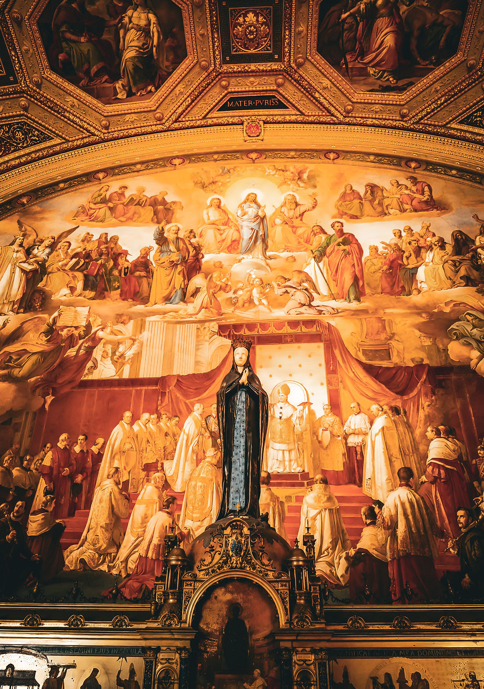 Religious mural with saints and clergy in ornate attire. Central statue of a praying figure. Warm tones and intricate patterns. Text: "Mater Puriss."