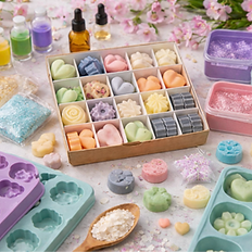 Colorful pastel wax melts with floral details and mica shimmer during a spring candle workshop