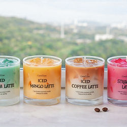 Creative iced coffee candle making experience in Athens featuring layered wax and coffee-inspired designs.