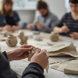 Συμμετέχοντες σε εργαστήριο papier-mâché για ενήλικες δουλεύουν πάνω στα γλυπτά τους στο The Art Lab