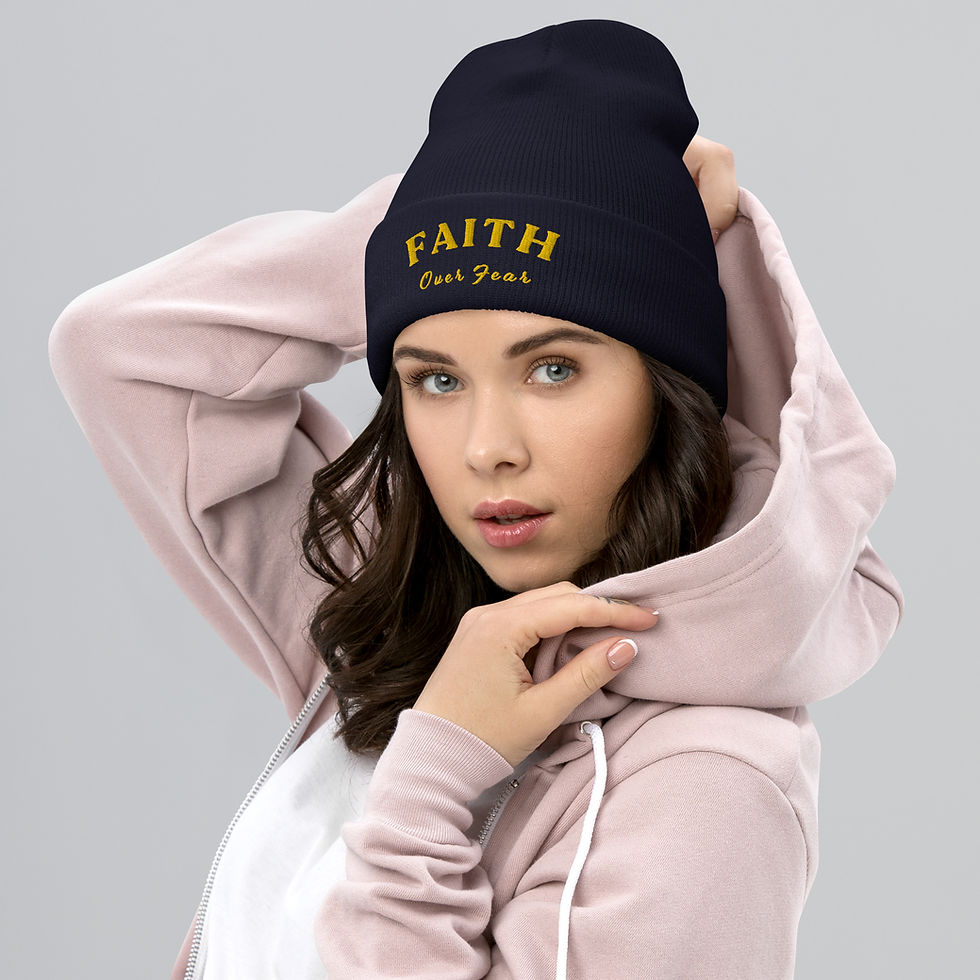 Thumbnail: Faith Over Fear Embroidered Cuffed Beanie, Gold