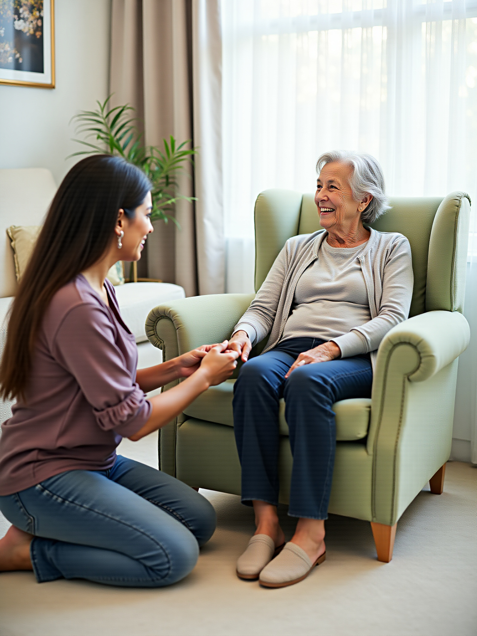 caregiver assisting a elderly women in a chair
