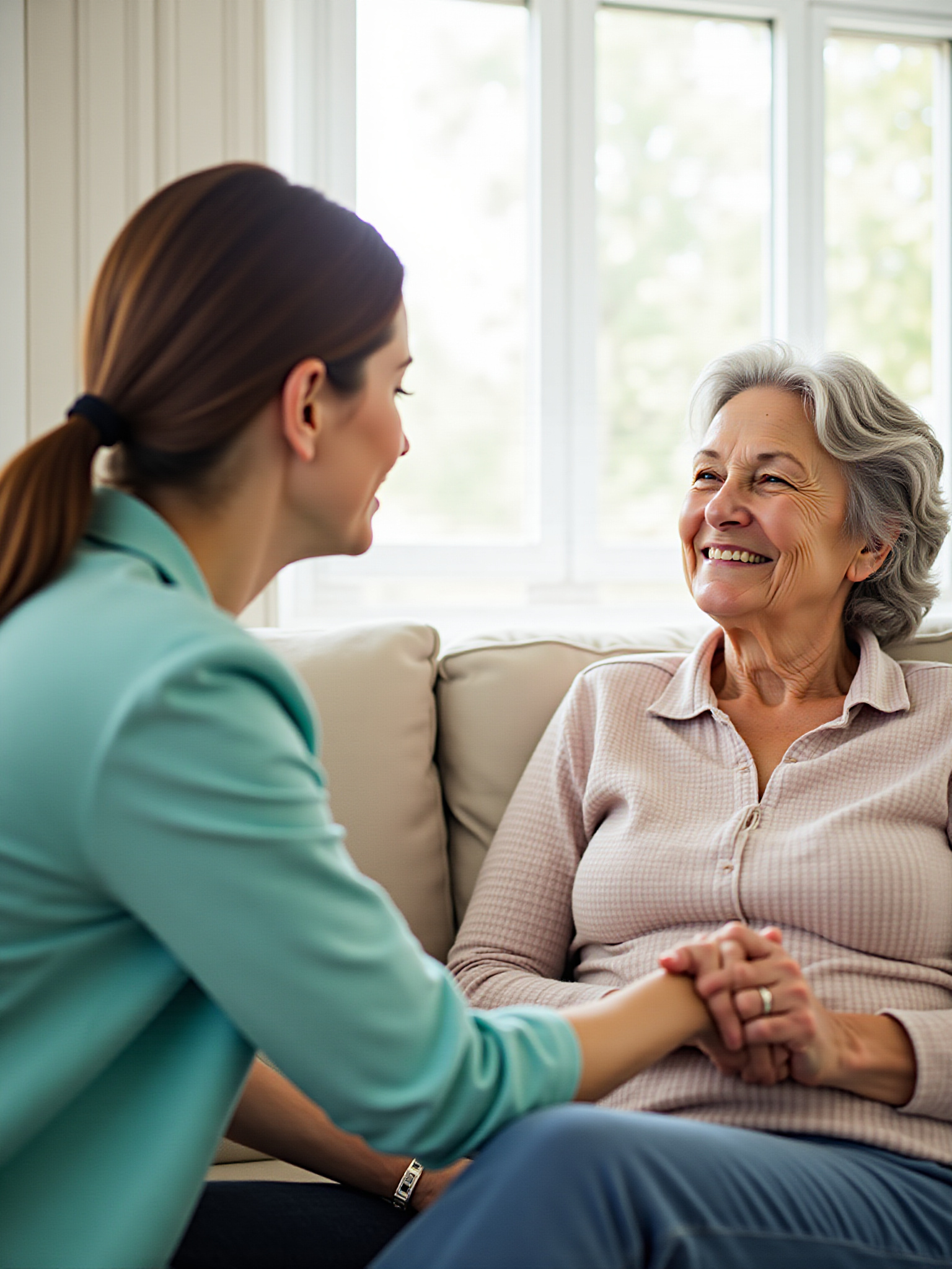 Happy elderly women with her compassionate caregiver.