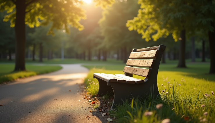 High angle view of a peaceful outdoor bench in a park, symbolizing calm and reflection