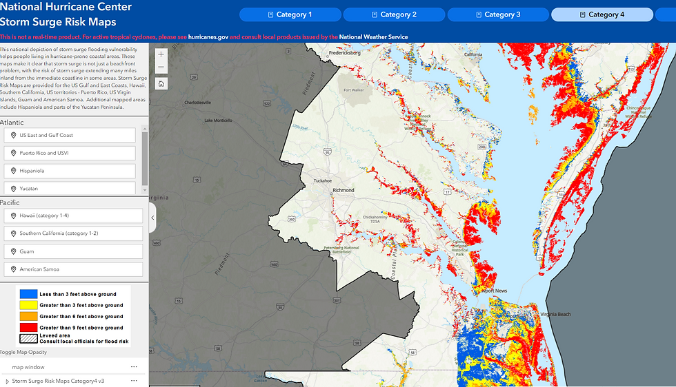 Storm surge risk map of East Virginia for a category 4 hurricane