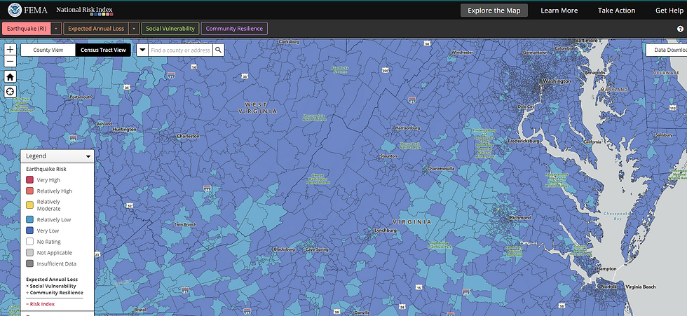Earthquake Map of Virginia by census tract per FEMA National Risk Index