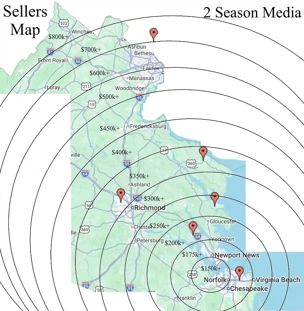 Virginia map showing Adam Garrett's general two-season real estate media price thresholds by distance from Norfolk.