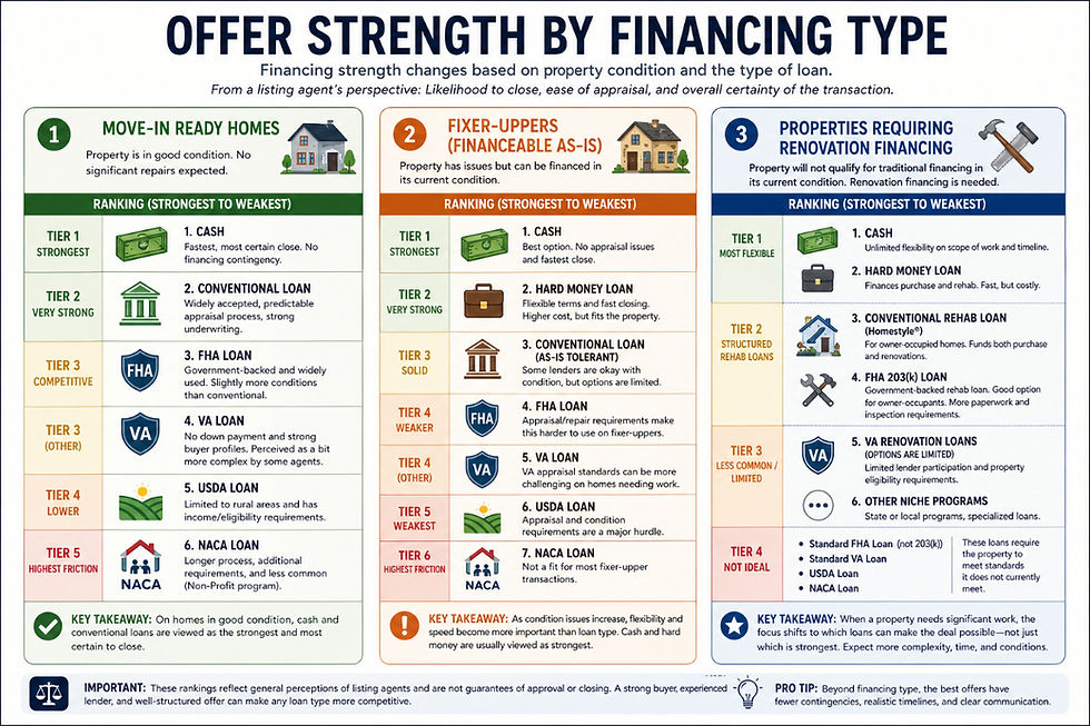 Real estate chart comparing offer strength of cash, conventional, FHA, VA, and other financing types across different property conditions