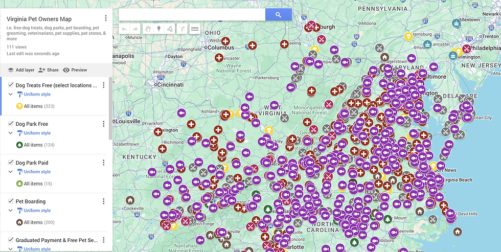 Map for those looking for pet related amenities in Virginia (especially if moving) including dog parks, pet boarding, pet grooming, supplies, vets, & more.
