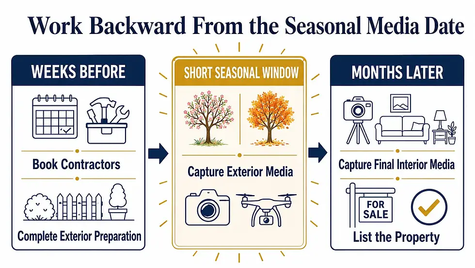 Diagram showing exterior preparation and contractor scheduling before a seasonal photography window that occurs months before the home is listed.