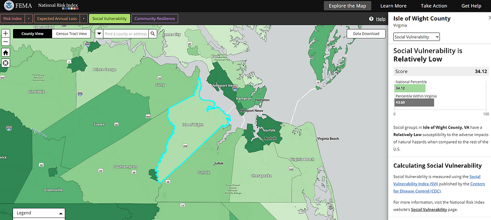Isle of Wight County Virginia Social Vulnerability Social Vulnerability is Relatively Low Score 34.12 National Percentile 34.12 Percentile Within Virginia 43.60 0 100 Social groups in Isle of Wight County, VA have a Relatively Low susceptibility to the adverse impacts of natural hazards when compared to the rest of the U.S. Calculating Social Vulnerability Social Vulnerability is measured using the Social Vulnerability Index (SVI) published by the Centers for Disease Control (CDC). For more information, visit the National Risk Index website's Social Vulnerability page.
