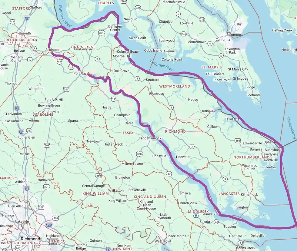 Map highlighting Virginia’s Northern Neck region, including Lancaster, Northumberland, Richmond County, Westmoreland, and parts of King George and Essex County along the Potomac River and Chesapeake Bay.