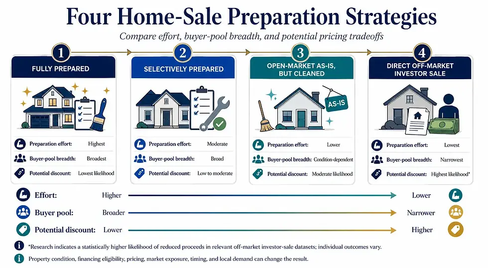 Decision spectrum comparing a fully prepared sale, selective preparation, a cleaned open-market as-is listing, and a direct off-market investor sale.