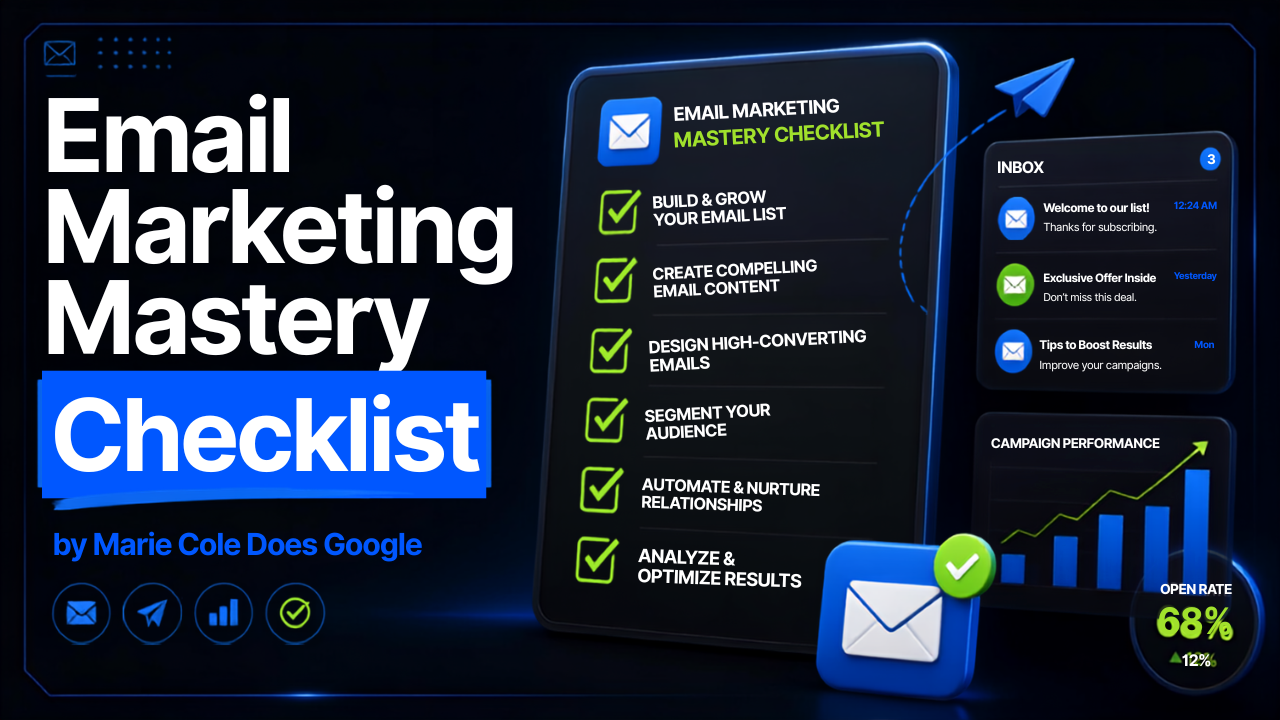 Email Marketing Mastery checklist app open on a laptop screen