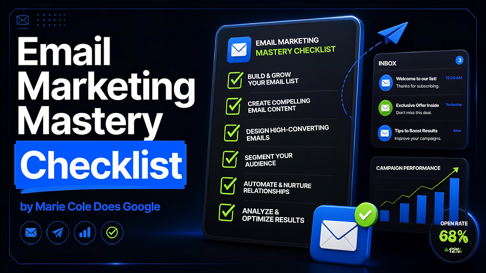 Email Marketing Mastery checklist app open on a laptop screen