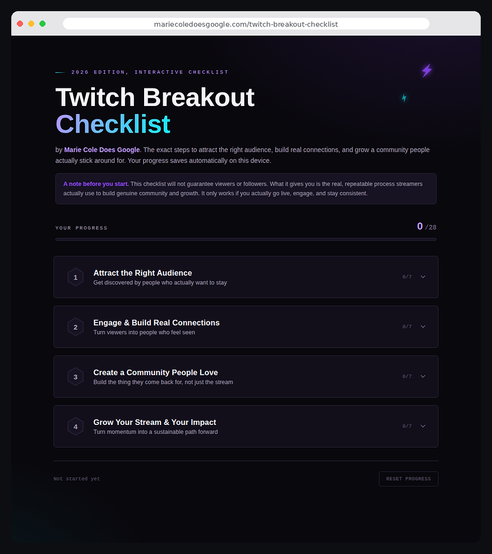 Thumbnail: Twitch growth checklist covering audience, engagement, and community