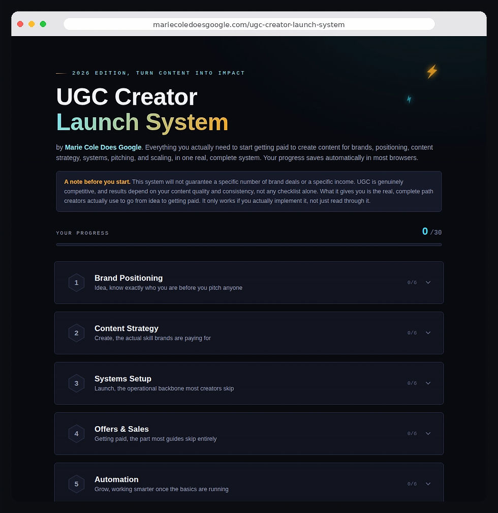 Paid to Post 2026 by Marie Cole Does Google — portfolio building module with UGC checklist and scorecard.