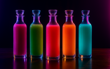 Ultra realistic cinematic photo of neon-colored juices and smoothies lined up in crystal bottles on a luxury counter, surreal glow, curiosity ad banner style