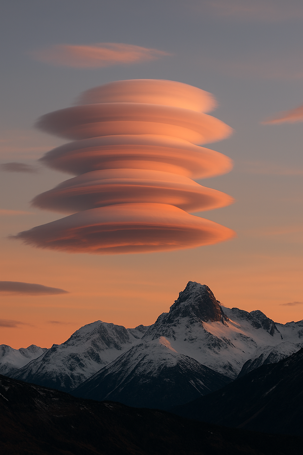 Foto realista de nuvens lenticulares em formato de disco sobre uma cadeia de montanhas ao entardecer.