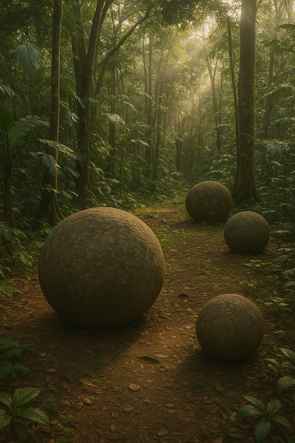 Fotografia realista de esferas de pedra gigantes em meio à floresta tropical da Costa Rica, com luz suave atravessando as árvores.