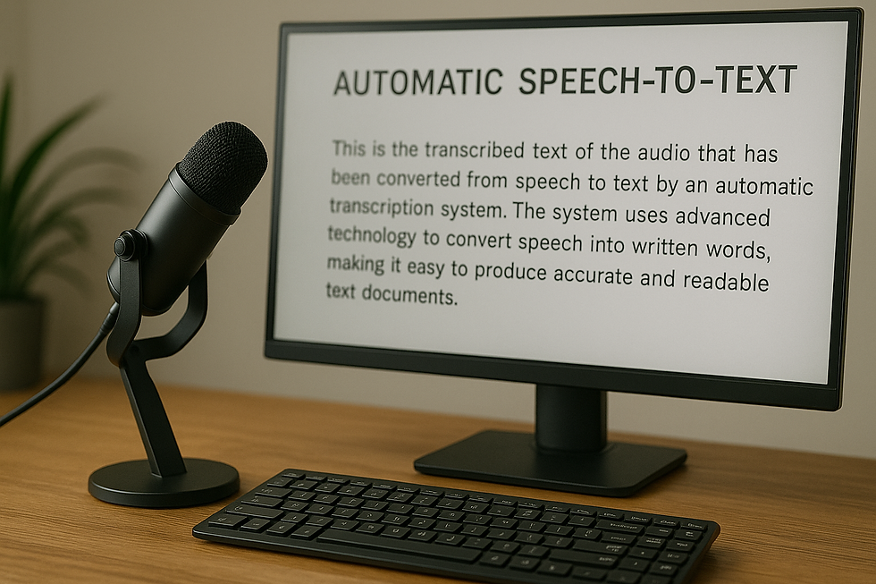 Imagem realista de uma mesa de trabalho com teclado, microfone profissional e monitor mostrando transcrição automática de áudio para texto