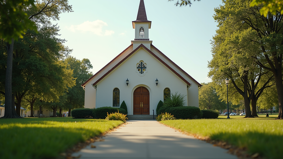 Eye-level view of the Fountain Community Church building surrounded by greenery