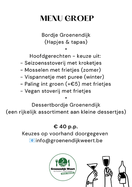 roepsmenu van restaurant Groenendijk Weert in Bornem met gerechten en prijzen voor groepen.