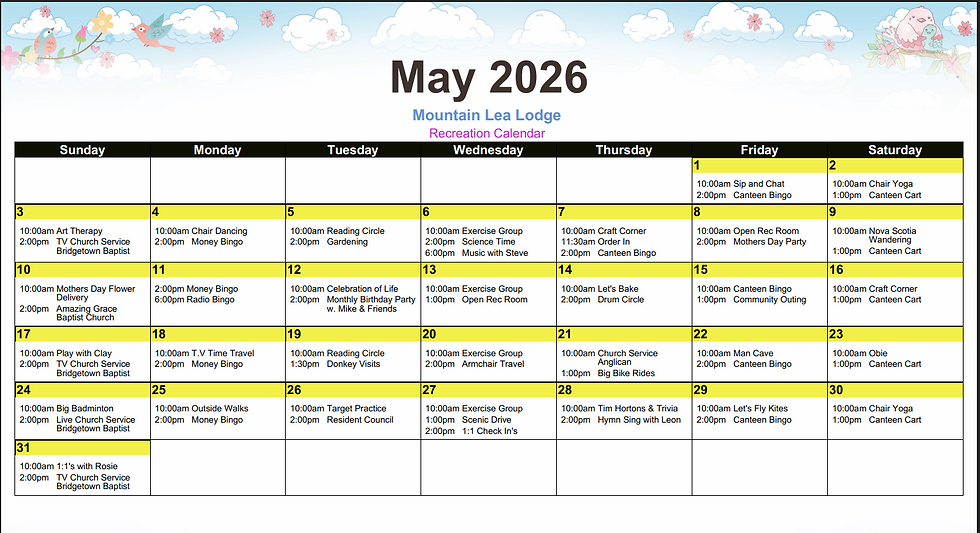 Mountain Lea Lodge - May 2026 Recreation Calendar